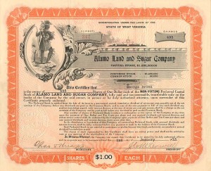 Alamo Land and Sugar Co. - Stock Certificate